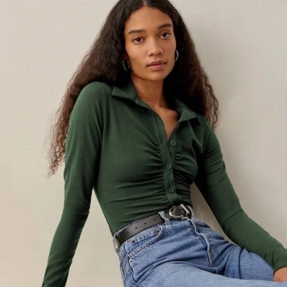 Reformation Forest Green Elin Ribbed Knit Collared Long Sleeve Top